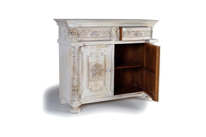 GINER Y COLOMER - Buffet en bois de manguier sculpté à la main, finition blanc vieilli, 2 portes et 2 tiroirs, 120 x 100 x 45 cm