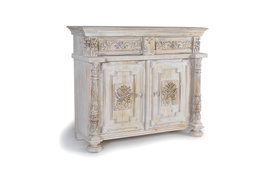 GINER Y COLOMER - Buffet en bois de manguier sculpté à la main, finition blanc vieilli, 2 portes et 2 tiroirs, 120 x 100 x 45 cm