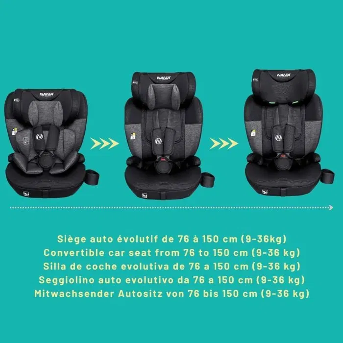 Nania Torino Siège Auto Enfant Évolutif Groupe 1/2/3, i-Size (R129), 9-36 kg, 76-150 cm, 5 Points, Réducteur, Systèmes SPS et Head-Protect, Noir