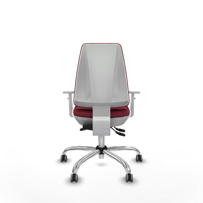 Chaise Elche Asynchrone Tissu Bordeaux Structure chromée Accoudoirs blancs Sans appui-tête Roulettes 65mm pour moquette