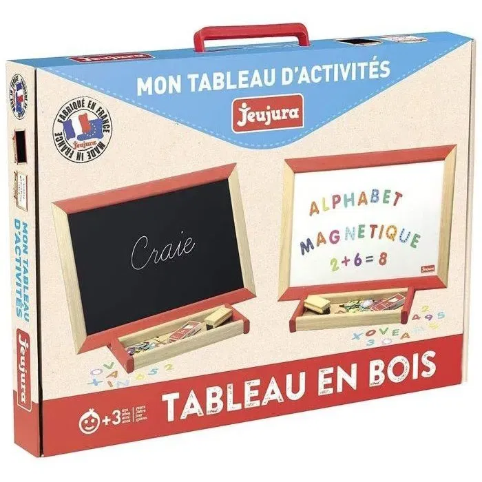 Fisher Price Tableau d'activités éducatif Jeujura avec valisette, ardoise 44 x 30 cm, 76 caractères aimantés, craies et brosse, pour enfants dès 3 ans