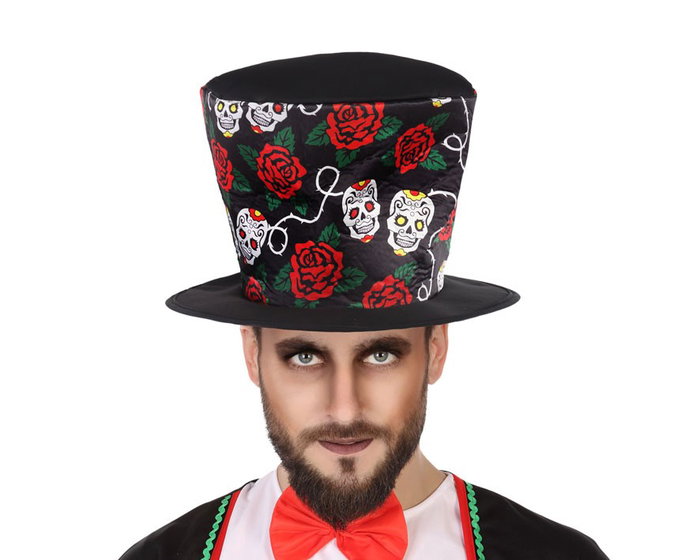 Sombrero de Copa Noir Décoré avec Roses et Crânes pour Homme Adulte - Accessoire Fête du Jour des Morts et Costume Catrín Sombrero de Copa Noir Décoré avec Roses et Crânes pour Homme Adulte - Accessoire Fête du Jour des Morts et Costume Catrín