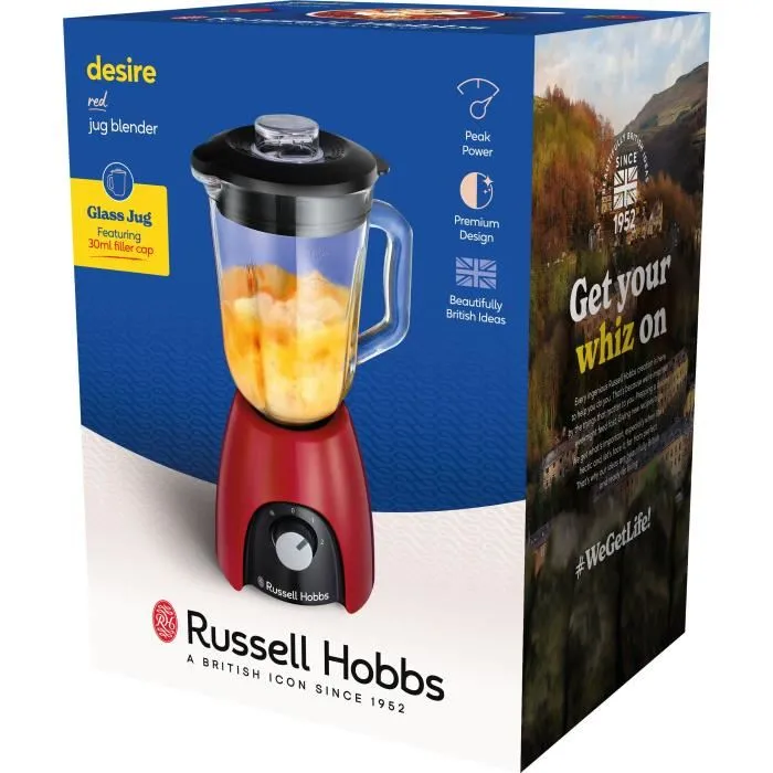 Russell Hobbs - Blender Desire Red, 650 W, pichet 1,5 L, 2 vitesses + Pulse, design rouge - Pour smoothies et soupes