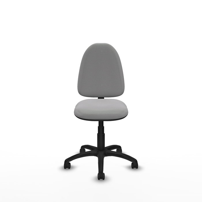 Chaise de bureau Aýna avec mécanisme de contact permanent de base, recouverte de tissu gris clair. Équipée d'une base en polyamide noir, sans accoudoirs et avec roulettes pour parquet.