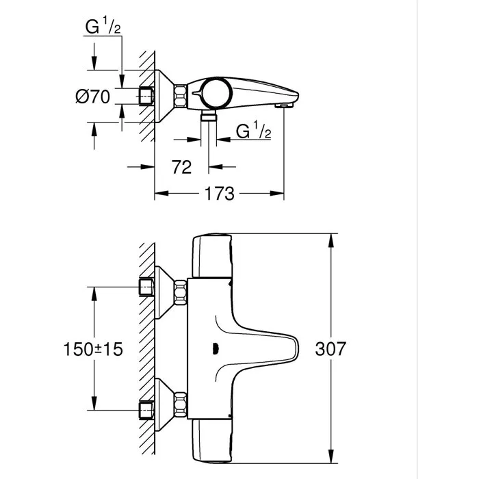 Grohe Mitigeur Thermostatique de Baignoire et Douche Precision Trend 34227002, Chromé, avec Protection Anti-Brûlure SafeStop et Raccord Fileté 1/2