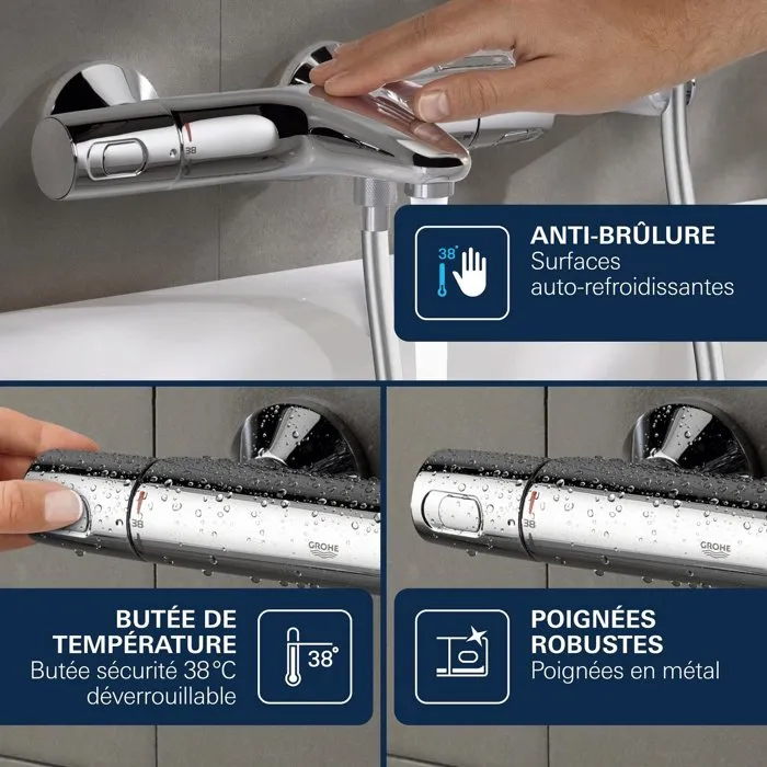 Grohe Mitigeur Thermostatique de Baignoire et Douche Precision Trend 34227002, Chromé, avec Protection Anti-Brûlure SafeStop et Raccord Fileté 1/2