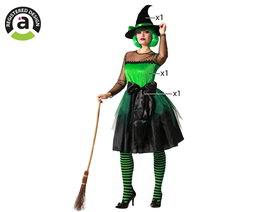 Costume Adulte Sorcière Vert avec Robe, Jupe Tulle Noir, Nœud Satin et Chapeau Pointu - Taille M-L