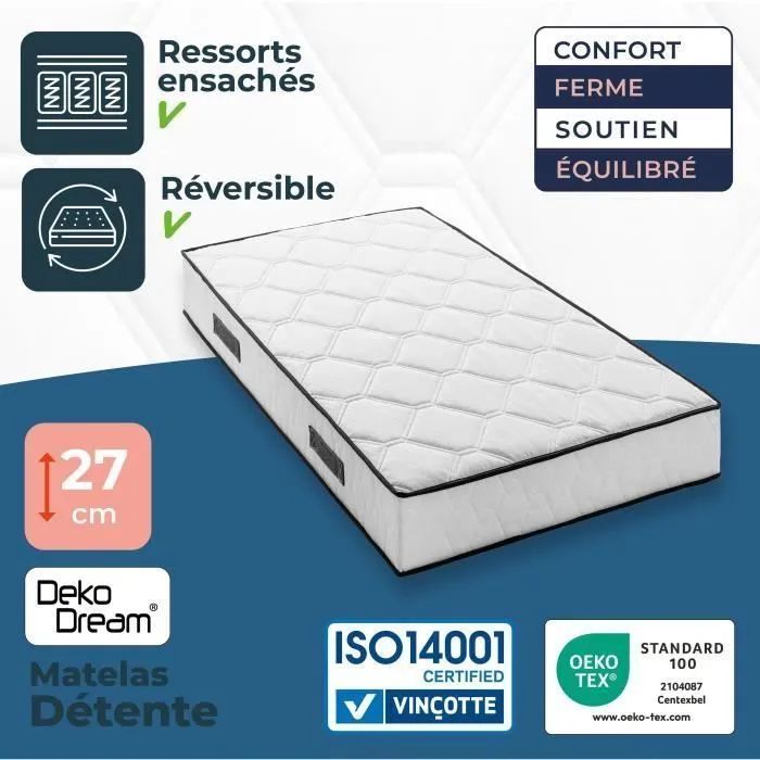 Somnis Bedding DEKO DREAM - Matelas 90x200 cm, 27 cm d'épaisseur, 380 ressorts ensachés, 7 zones, équilibré et réversible, fabriqué en Belgique