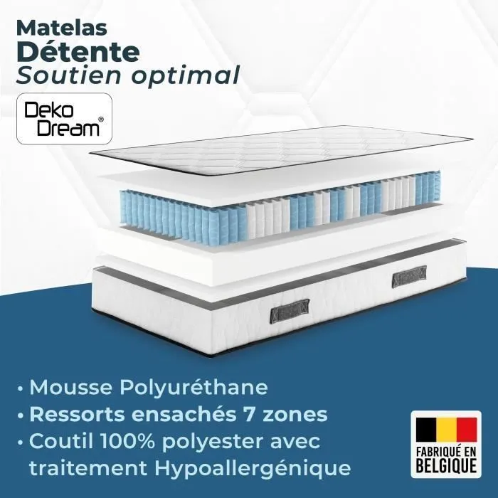 Somnis Bedding DEKO DREAM - Matelas 90x200 cm, 27 cm d'épaisseur, 380 ressorts ensachés, 7 zones, équilibré et réversible, fabriqué en Belgique
