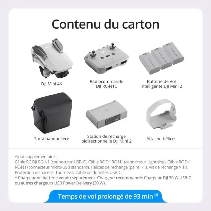 Drone DJI Mini 4K Fly More Combo - Drone pliable 4K, autonomie 31 min, portée 1000 m - Blanc