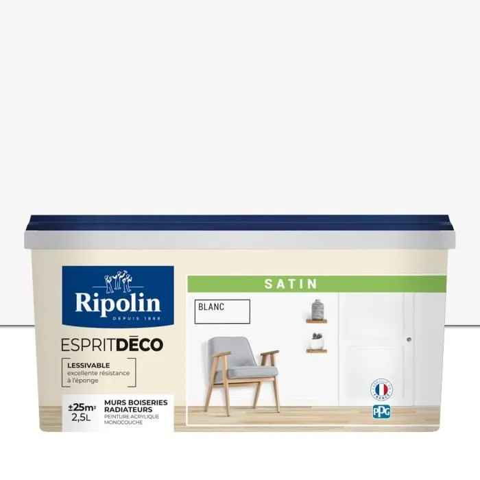 Ripolin Esprit Deco Peinture Multi-Supports Blanc Satin 2.5L - Pour murs, boiseries, radiateurs - Monocouche très couvrante