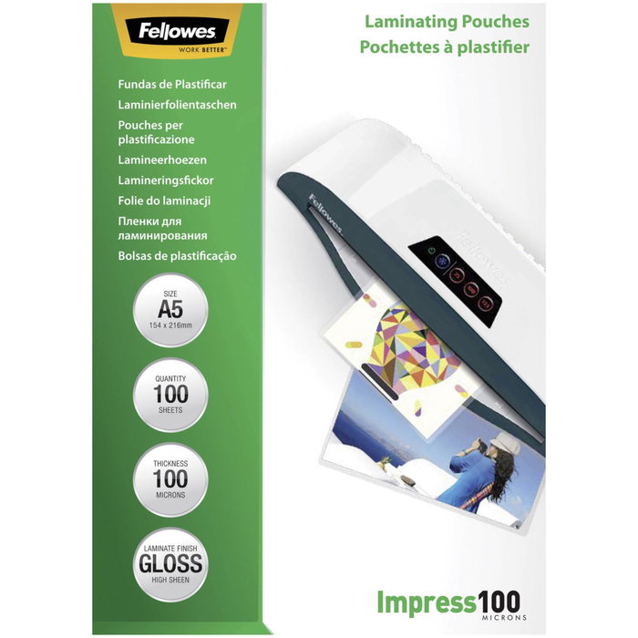 Fellowes Pochettes de plastification A5 brillantes 100 microns, pack de 100 Fellowes Pochettes de plastification A5 brillantes 100 microns, pack de 100