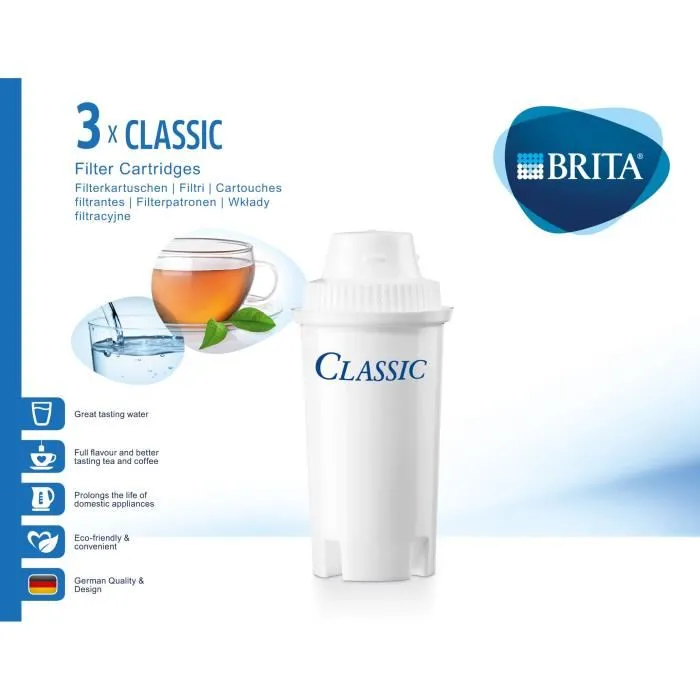 Brita - Pack de 3 cartouches filtrantes Classic - Filtre à eau pour réduction du tartre, du chlore et des impuretés - Blanc