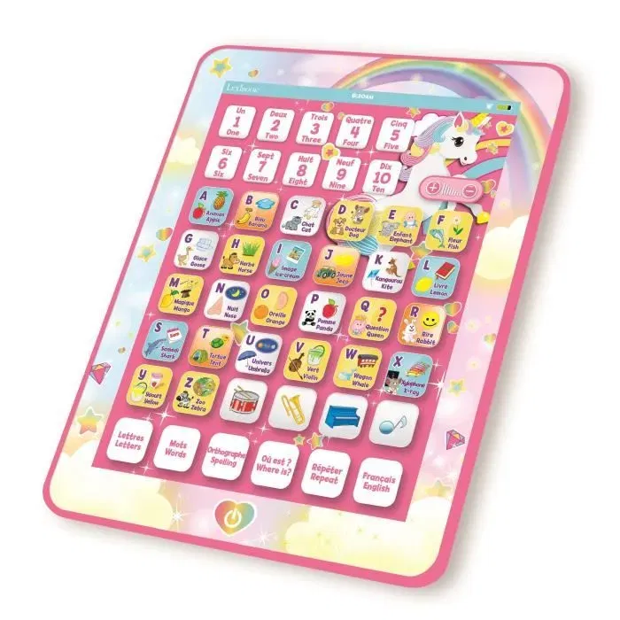 Lexibook Tablette Éducative Bilingue Licorne - Français, Anglais - Abécédaire Éducatif Bilingue - 5 Modes de Jeu - Écran Tactile Parlant