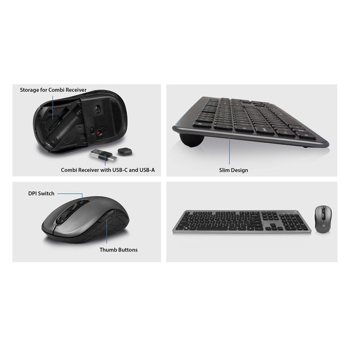 Ewent EW3272 Kit clavier et souris sans fil silencieux, clavier taille complète avec touches multimedia, souris 1600 DPI, récepteur combo USB-C/USB-A Ewent EW3272 Kit clavier et souris sans fil silencieux, clavier taille complète avec touches multimedia, souris 1600 DPI, récepteur combo USB-C/USB-A