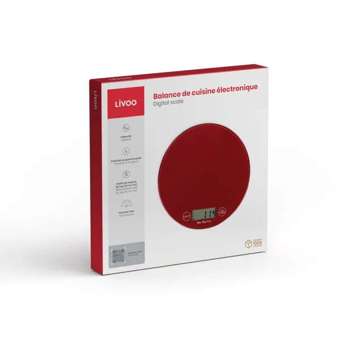 Livoo DOM494R Balance de cuisine électronique en verre, 5 kg Livoo DOM494R Balance de cuisine électronique en verre, 5 kg