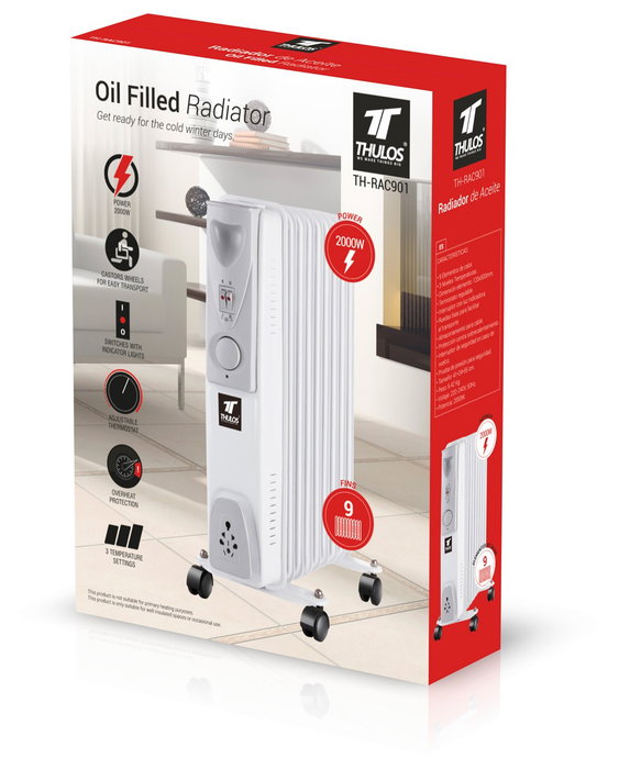 Thulos Radiateur à Huile TH-RAC901 2000W - 9 Éléments, Thermostat Réglable, Protection Surchauffe