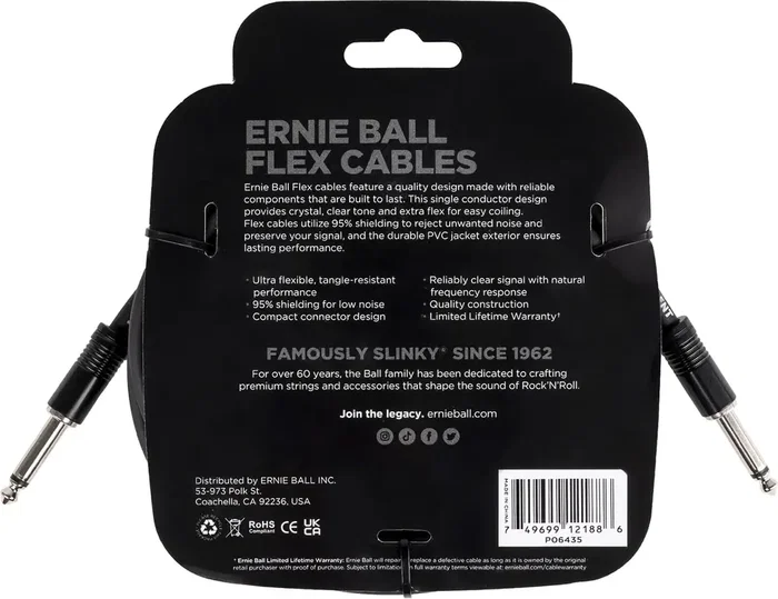 Ernie Ball Câble Instrument Flex Jack-Jack SS 6 m - Noir Ernie Ball Câble Instrument Flex Jack-Jack SS 6 m - Noir