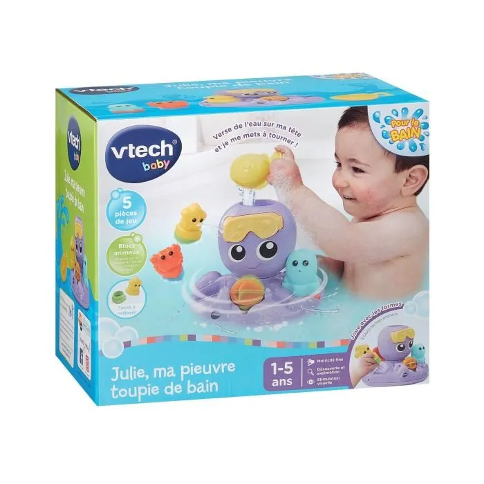 Vtech Baby Julie Ma Pieuvre Toupie de Bain - Jouet de Bain Tournoyant avec 4 Accessoires Animaux Formes Gicleurs - Pour Enfants de 1 à 5 ans