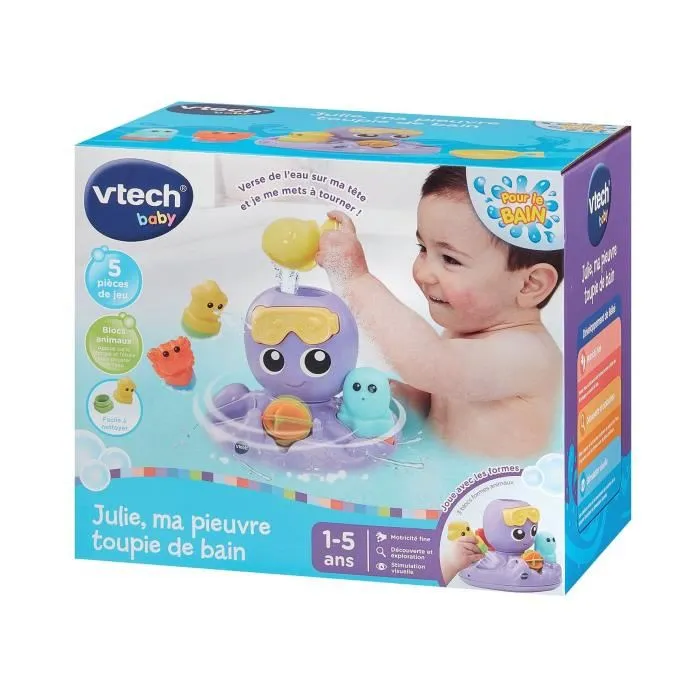 Vtech Baby Julie Ma Pieuvre Toupie de Bain - Jouet de Bain Tournoyant avec 4 Accessoires Animaux Formes Gicleurs - Pour Enfants de 1 à 5 ans