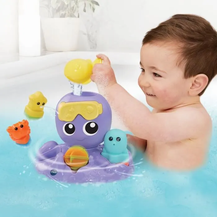 Vtech Baby Julie Ma Pieuvre Toupie de Bain - Jouet de Bain Tournoyant avec 4 Accessoires Animaux Formes Gicleurs - Pour Enfants de 1 à 5 ans