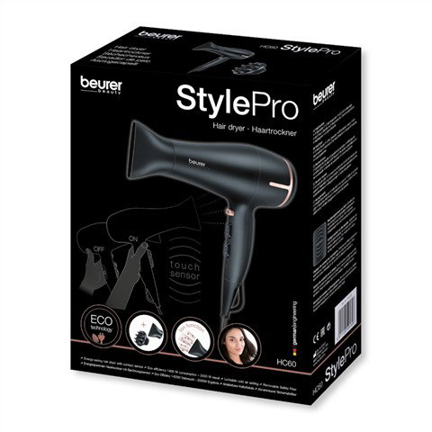 Beurer HC-60 Sèche-cheveux 1400 W avec technologie ionique et écologique, capteur tactile, 3 niveaux de chaleur et 2 vitesses d'air