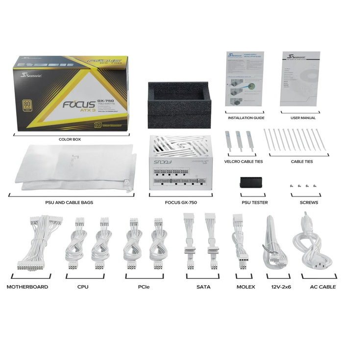 Seasonic FOCUS-GX-750-V4-WHITE Alimentation PC 750W 80 Plus Gold Modulaire avec Ventilateur hybride - Blanc