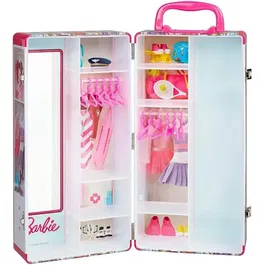 Klein Mallette Armoire Barbie pour Poupées - Rangement Vêtements et Accessoires - 12 Cintres, Miroir Inclus - Rose et Multicolore - 15,9 x 13 x 32 cm