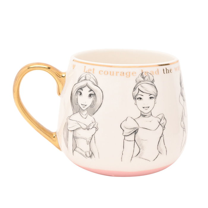 Tasse à thé et café Princesses Disney, porcelaine blanche avec détails dorés et illustrations esbozées, Widdop & Co