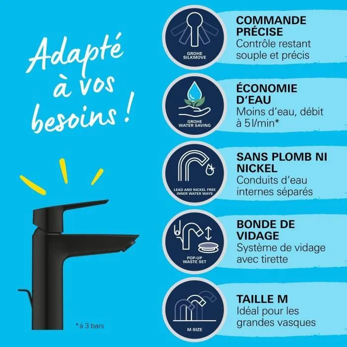 Grohe Start 234552432 Mitigeur lavabo monocommande noir mat, bec moyen avec économie d'eau et technologie SilkMove