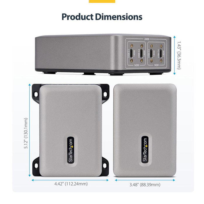 Startechcom Chargeur USB-C 240W 4 Ports GaN avec Montage Surface Bureau VESA Technologie Power Delivery Startechcom Chargeur USB-C 240W 4 Ports GaN avec Montage Surface Bureau VESA Technologie Power Delivery