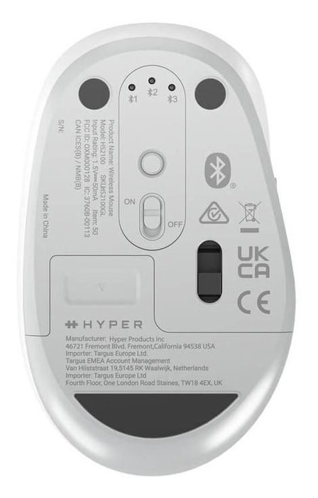 Hyper HyperSpace Bluetooth 5.0 Souris Sans Fil avec DPI Ajustable, Connexion à 3 Appareils, Confort Ergonomique, Piles 1 x AA, Couleur Blanc/Gris