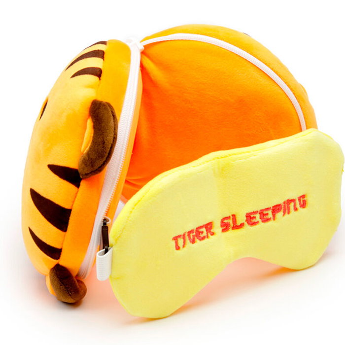 PUCKATOR Coussin de voyage avec masque pour les yeux Tigre Adoramals Relaxeazzz - 15 x 28 x 6 cm, 95% polyester, 5% spandex