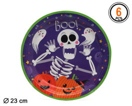 Assiettes en carton Halloween 23 cm avec design squelette et citrouilles - 6 unités