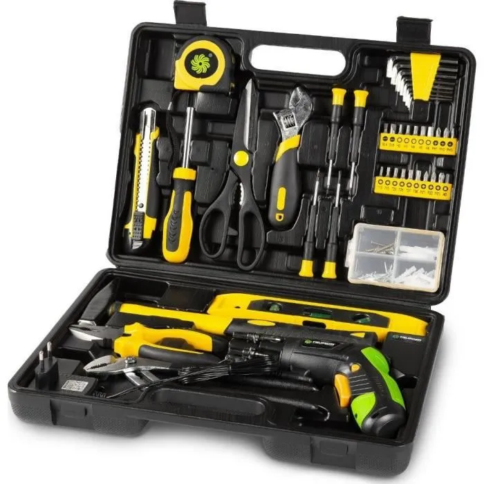 Fieldmann FDG 5018-108AR - Jeu d'outils 108 pièces avec tournevis sans fil, pinces, mètre, niveau à bulle et marteau dans mallette
