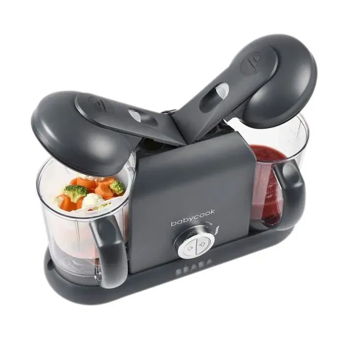 BEABA Babycook Duo - Robot de cuisine 4 en 1 pour bébé, mixeur-cuiseur à vapeur rapide (15 min), 2 bols indépendants, 2200 ml, gris foncé