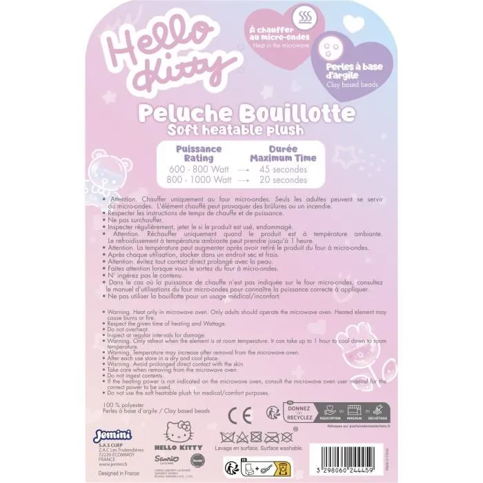 Jemini Peluche bouillotte chauffante Hello Kitty, douce, avec micro-perles d'argile, 21 cm, pour apaiser les maux de ventre et réchauffer
