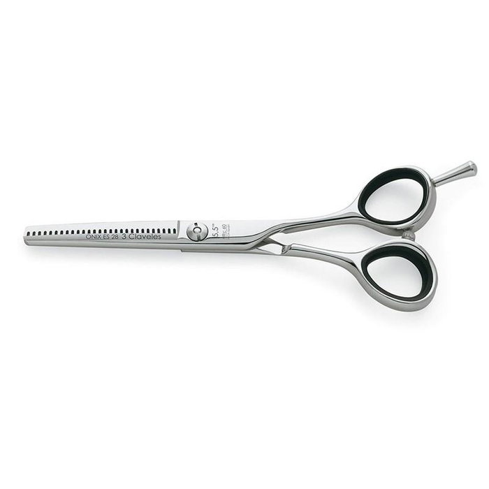 Tres Claveles - Tijera Peluq. Onix ES-28 5.5" - Ciseaux de coiffure pour esculpir et défilage avec filo navaja, acier inoxydable AISI 440C, système 3 Claveles Tres Claveles - Tijera Peluq. Onix ES-28 5.5" - Ciseaux de coiffure pour esculpir et défilage avec filo navaja, acier inoxydable AISI 440C, système 3 Claveles