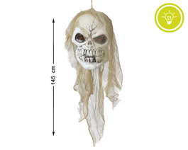 Squelette Suspendu avec Lumière 145 cm, Crâne Blanc et Cape de Gaze - Décoration Effrayante pour Halloween, Jardin ou Intérieur