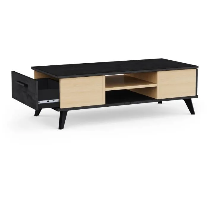 Demeyere Table basse KENT rectangulaire, style industriel, chêne et sidewalk, 2 tiroirs, rayon, pieds noirs - 106.6 x 50.1 x 35.2 cm