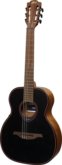 LAG Guitare Folk Électroacoustique Nylon Travel Blue Wave 1, Table Cèdre Massif, Caoba, Satiné