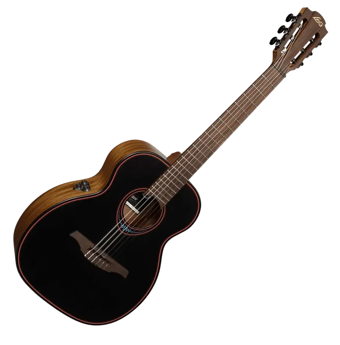 LAG Guitare Folk Électroacoustique Nylon Travel Blue Wave 1, Table Cèdre Massif, Caoba, Satiné