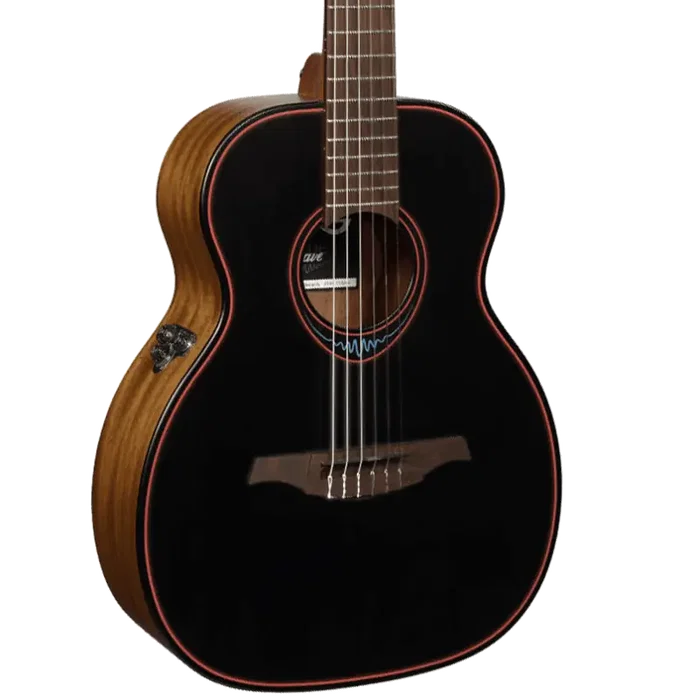 LAG Guitare Folk Électroacoustique Nylon Travel Blue Wave 1, Table Cèdre Massif, Caoba, Satiné