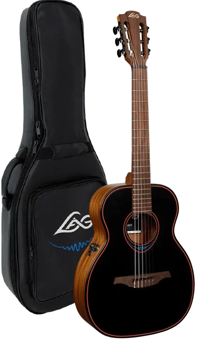 LAG Guitare Folk Électroacoustique Nylon Travel Blue Wave 1, Table Cèdre Massif, Caoba, Satiné