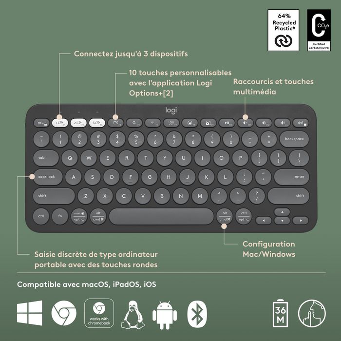 Logitech Pebble Keys 2 K380s - Clavier Bluetooth Ultraportable et Compact pour 3 Appareils (Windows, macOS, iOS, Android) - Design Fin en Plastique Recyclé