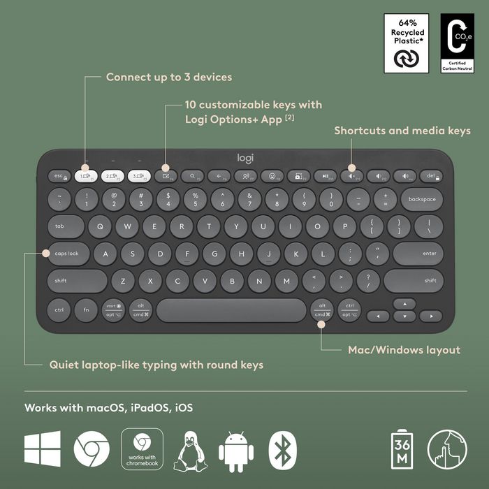 Logitech Pebble Keys 2 K380s - Clavier Bluetooth Ultraportable et Compact pour 3 Appareils (Windows, macOS, iOS, Android) - Design Fin en Plastique Recyclé