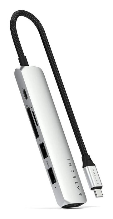 Satechi - Adaptateur Multiport USB-C Slim 6-en-1 - HDMI 4K @60Hz - Ports USB-A - Ethernet Gigabit - USB-C PD 100W - Aluminium Argenté