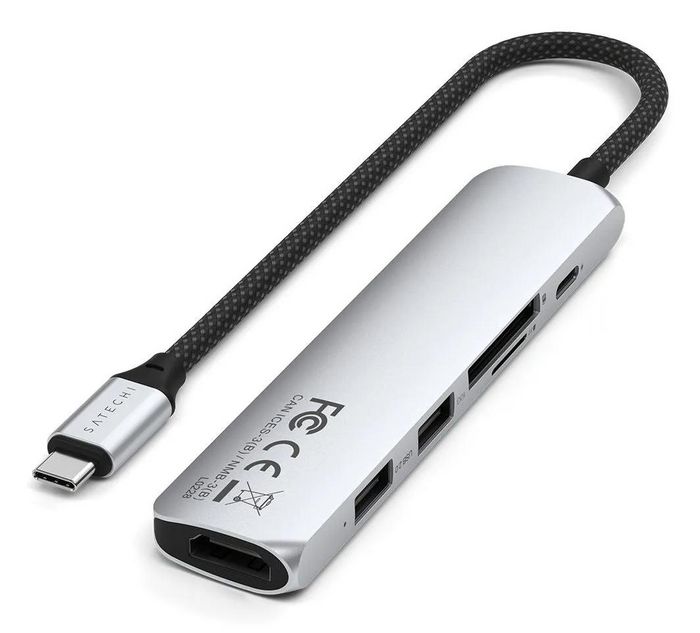 Satechi - Adaptateur Multiport USB-C Slim 6-en-1 - HDMI 4K @60Hz - Ports USB-A - Ethernet Gigabit - USB-C PD 100W - Aluminium Argenté