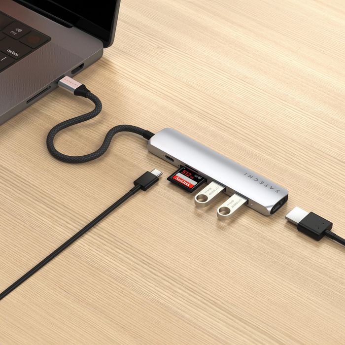 Satechi - Adaptateur Multiport USB-C Slim 6-en-1 - HDMI 4K @60Hz - Ports USB-A - Ethernet Gigabit - USB-C PD 100W - Aluminium Argenté
