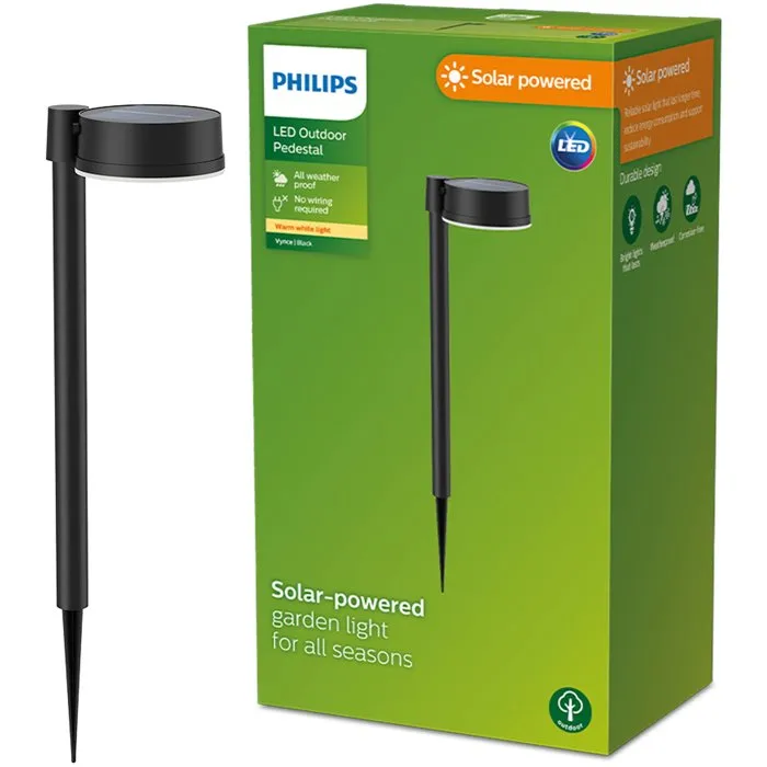 Philips Vynce - Borne d'éclairage extérieure solaire sur broche ronde - Noir - Éclairage de jardin sans fil et durable